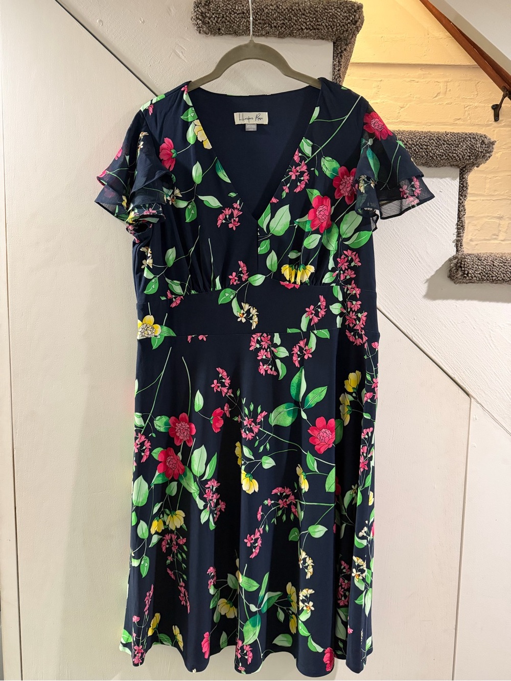 Harper Rose Navy Floral Fit-and-Flare Dress with Pink & Yellow Blooms.